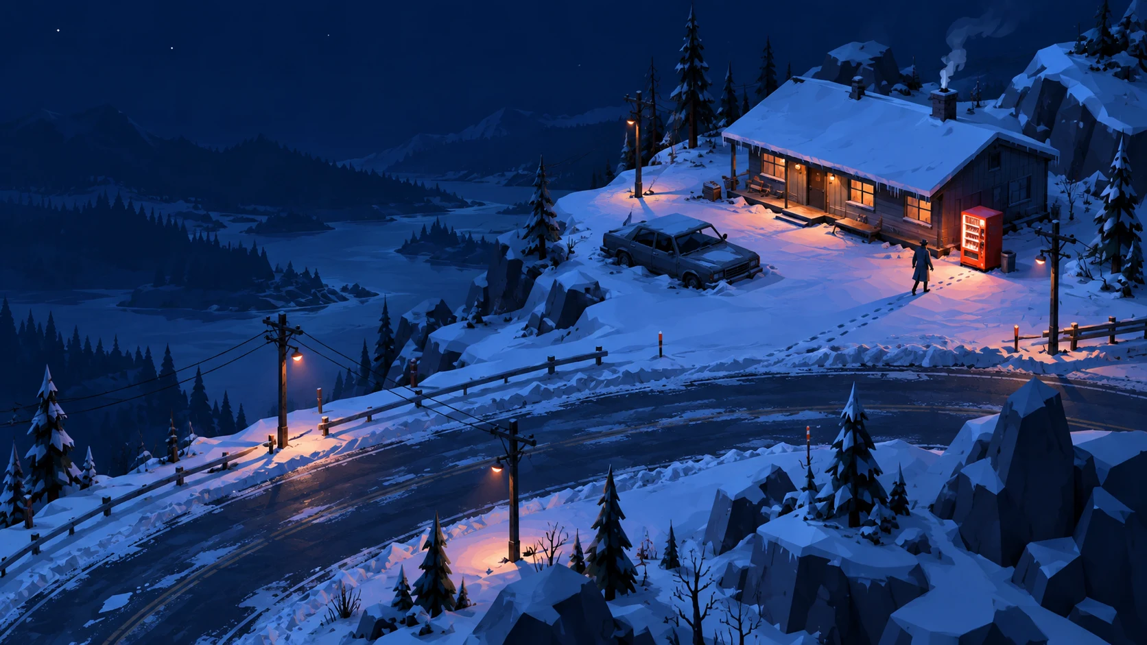 A miniature snowy roadside outpost with a winding road, abandoned car, and an orange vending machine